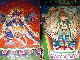 109 Marpha Gompa Paintings - 6-Armed Mahakala With Consort, 1000-armed 11-headed Avalokiteshvara The Marpha Gompa has a paintings of the fierce 6-armed Mahakala, embracing his consort. The monk pointed out his wings, his tiger skin, and his necklace of skulls. Fierce indeed! On the other wall of the Marpha Gompa, I spotted a 1000-armed 11-headed Avalokiteshvara.